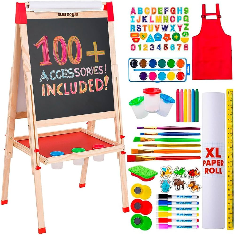 Blue Squid Art Easel for Kids Including 100+ Accessories - Double Sided Adjustable Wooden Paintin... | Amazon (US)