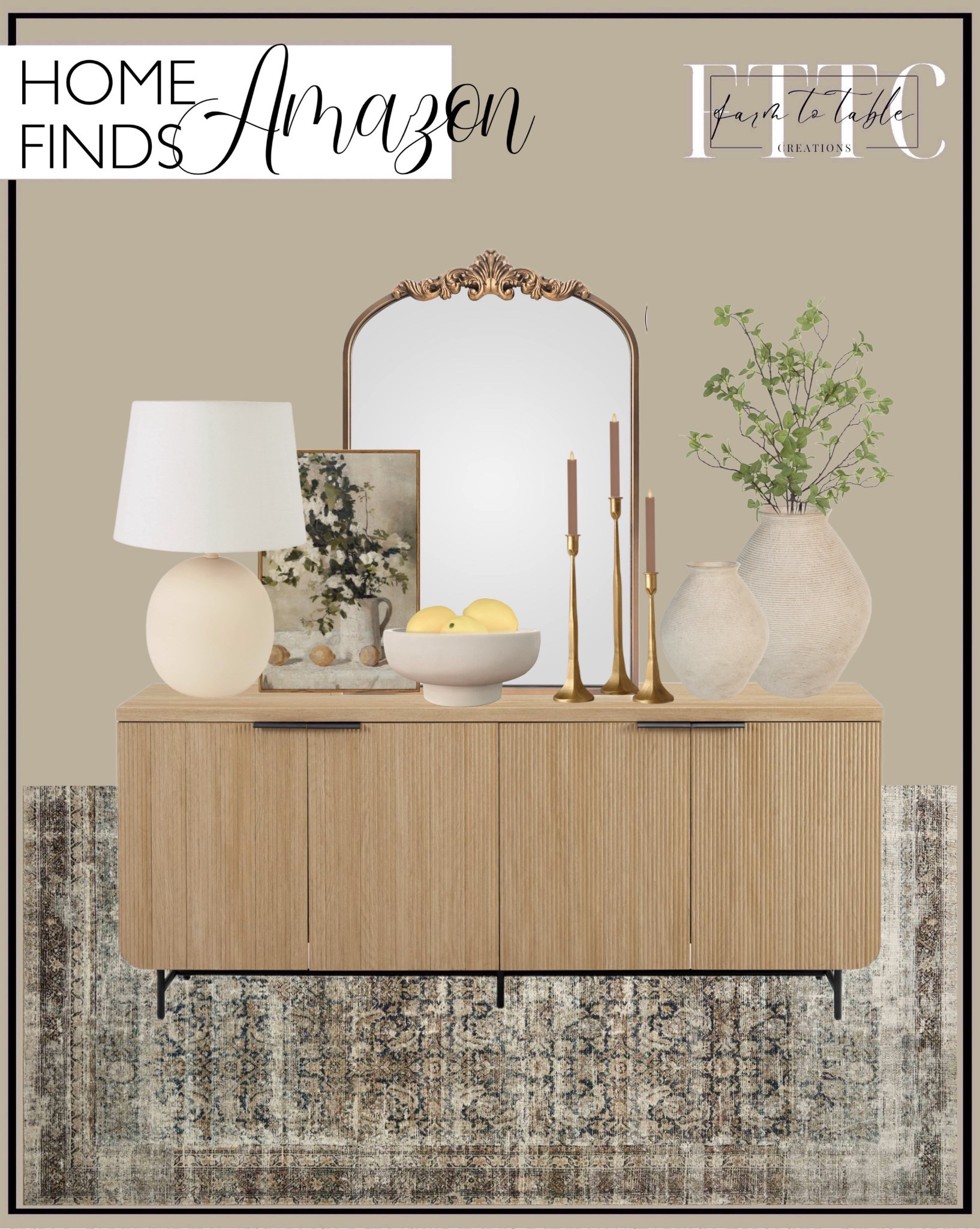 Amazon Home Finds. Follow @farmtotablecreations on Instagram for more inspiration.

Loloi Amber Lewis x Morgan Navy/Sand 7'-3" x 9'-3" Area Rug. Walker Edison Modern Scandinavian Fluted Door Kitchen Storage Sideboard Buffet Cabinet Console, 69 Inch, Coastal Oak/Black. WAMIRRO Arched Mirror,Gold Traditional Vintage Ornate Baroque Mirror,Antique Brass Mirror.  Signature Design by Ashley Hannela Modern Distressed Polyresin Vase, Antique Tan. Ruidazon 2 pcs Artificial Greenery Stems. Nourison 18" Modern Farmhouse Ivory Round Table Lamp. Denique Iron Taper Candle Holder Set of 3. Luminara Set of 2 Moving Flame LED Taper. VIYYIEA Vintage Floral Large Framed Wall Art, Flowers and Lemons Paintings. OAKOA Concrete Fruit Bowl for Kitchen Counter - Large Decorative Bowl for Home Decor. Amazon Home. Amazon Finds. Amazon Decor. Amazon Entryway. Console Table Decor. Amazon Limited Time Deals  


#LTKHome #LTKFindsUnder50 #LTKSaleAlert