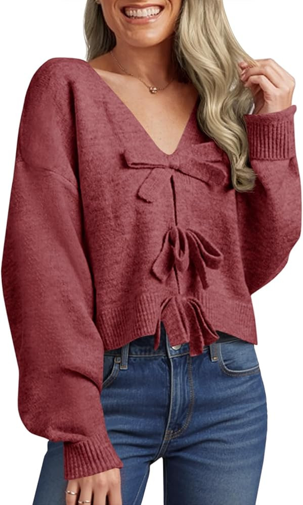 Saodimallsu Womens Bow Sweater Cropped V Neck Long Sleeve Fall Cozy Knit Loose Trendy Pullover Sw... | Amazon (US)