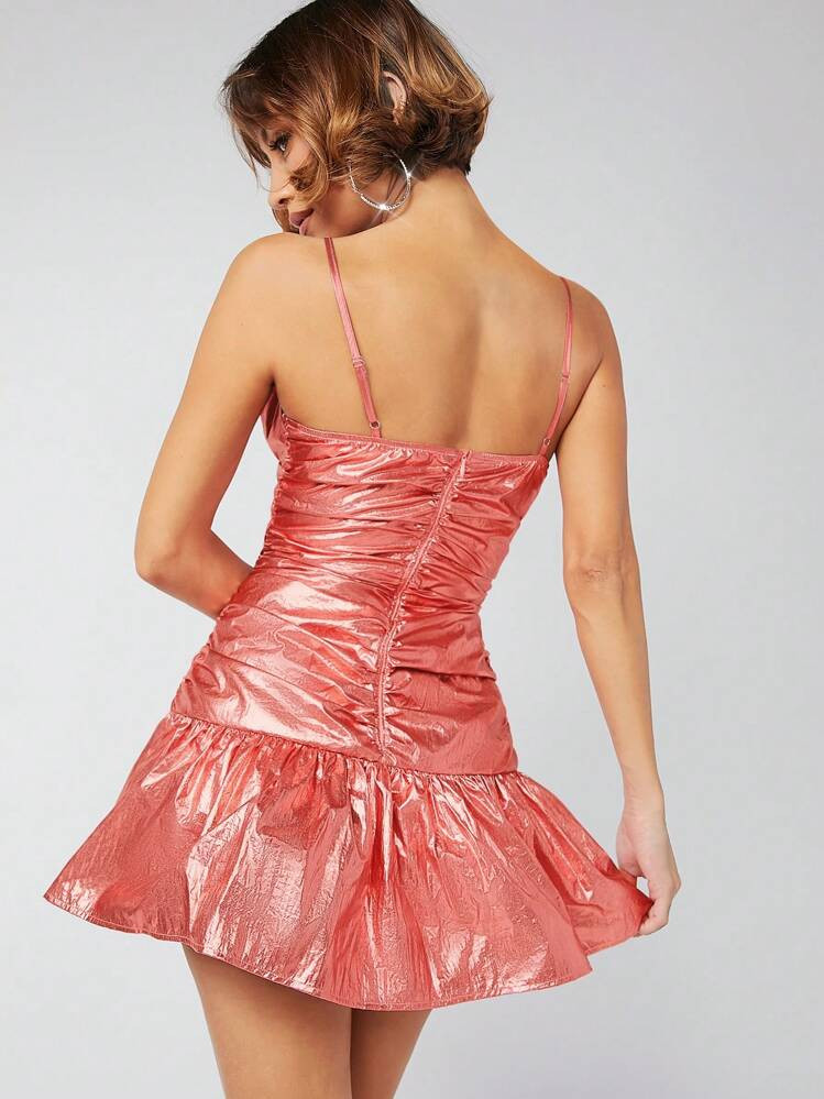 Hauture Metallic Ruched Bust Ruffle Hem Cami Mini Dress | SHEIN