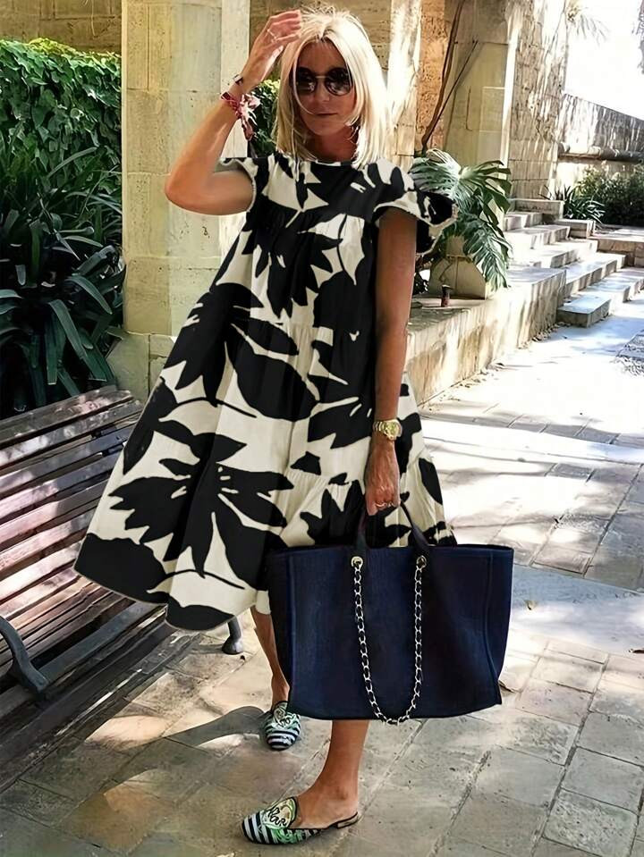 SHEIN LUNE Women's Casual Floral Print Round Neck Cap Sleeve Dress,  | SHEIN