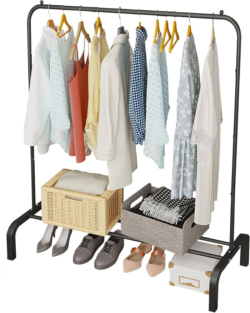JIUYOTREE Metal Clothing Rack, 43.3 Inches Garment Rack with Bottom Shelf for Hanging Clothes, Co... | Amazon (US)