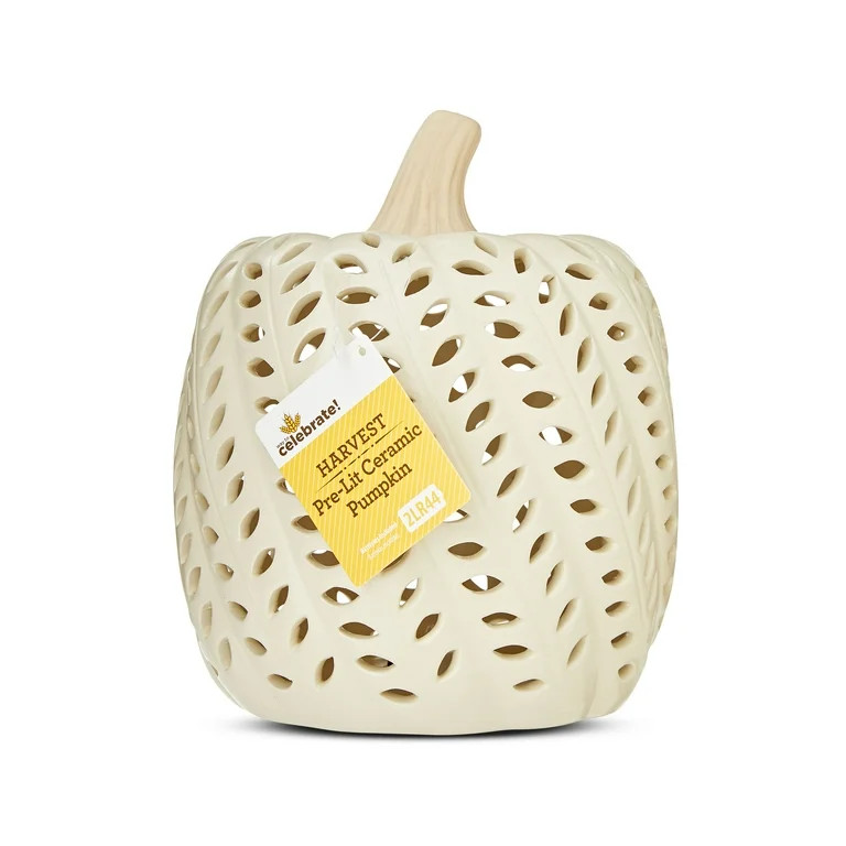 Harvest Pre-Lit White Ceramic Pumpkin Decoration, 8 in, by Way To Celebrate | Walmart (US)