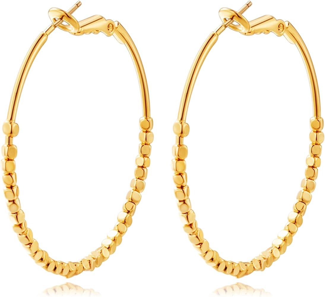 Gold Earrings 14k Gold Plated Hoop Earrings Dainty Pearl hoop Disc Coin Bead Starfish Teardrop Ci... | Amazon (US)