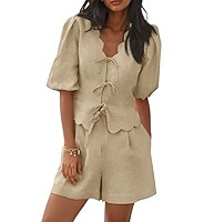 Cicy Bell Womens Summer 2 Piece Short Sets Puff Short Sleeve V Neck Bow Tie Front Tops Wide Leg S... | Amazon (US)