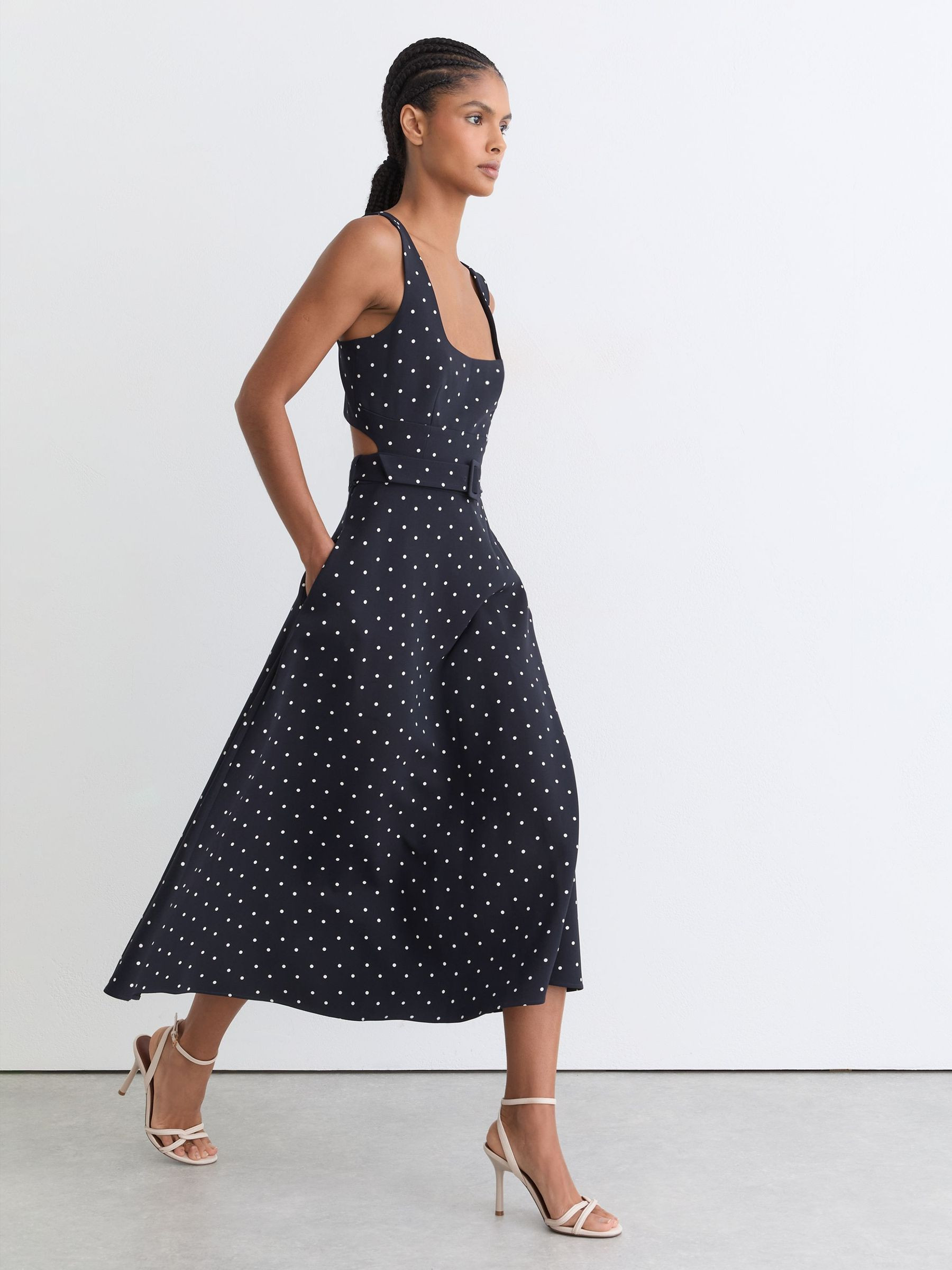 Polka Dot-Print Belted Midi Dress in Navy | Reiss UK