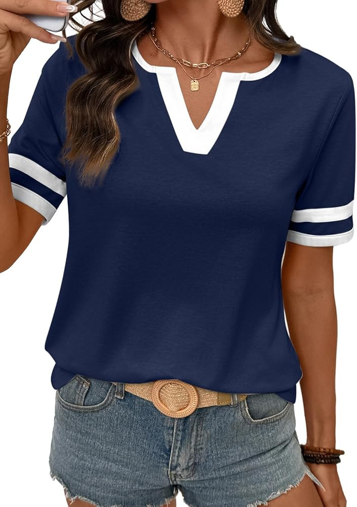 SHEWIN Women's Summer Tops Cotton V Neck Short Sleeve T-Shirts Colorblock Casual Tees 2026 Clothe... | Amazon (US)