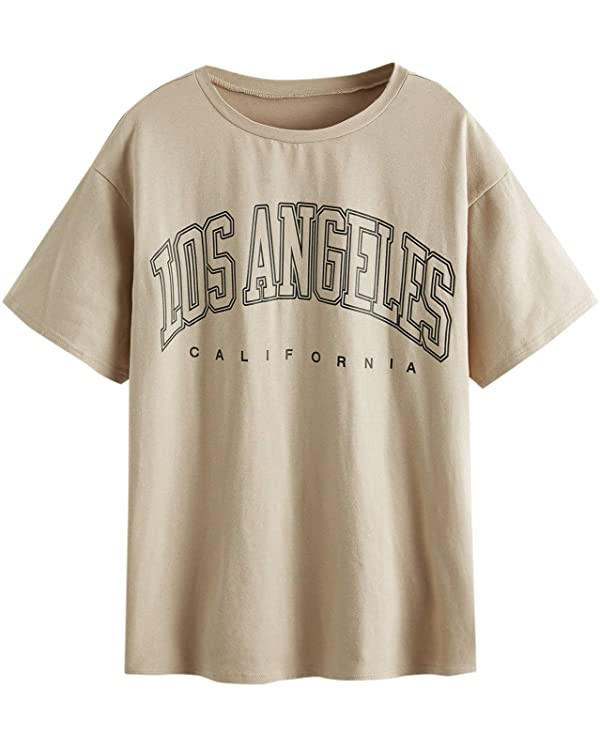 SheIn Women's Novelty Letter Graphic Oversized Drop Shoulder Longline Tee Tshirts | Amazon (US)