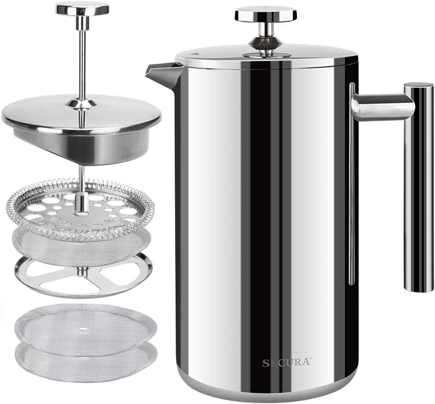 Secura French Press Coffee Maker, 304 Grade Stainless Steel Insulated Coffee Press with 2 Extra S... | Amazon (US)
