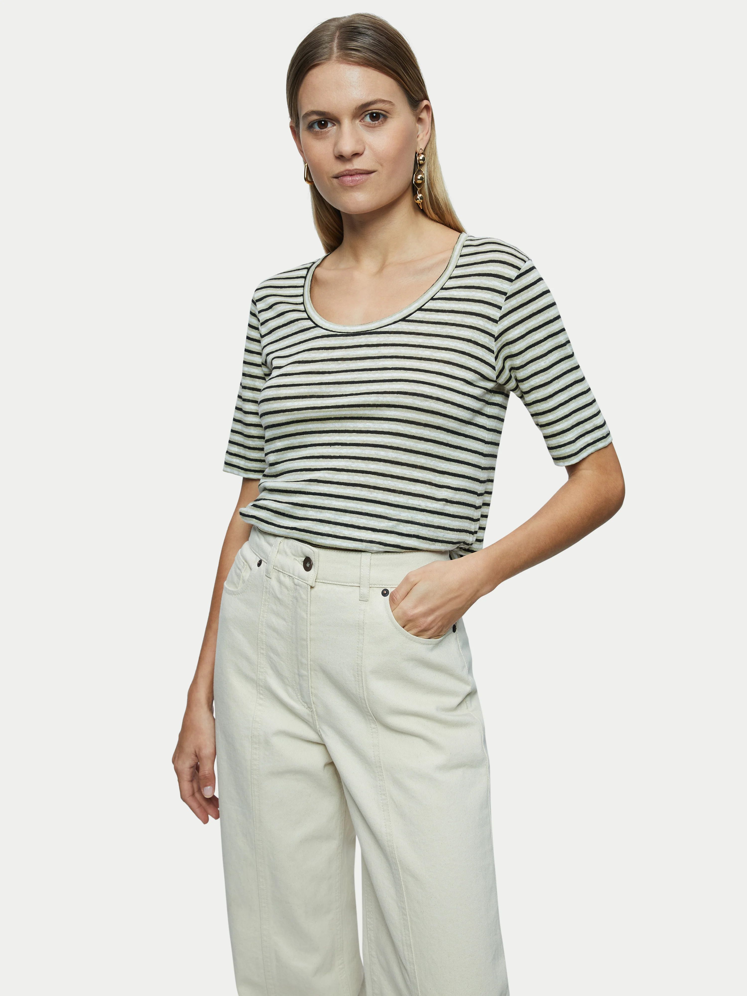 Linen Fine Stripe Short Sleeve Tee | Black | Jigsaw (UK)