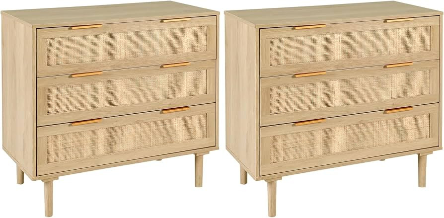 HOPUBUY 3 Drawer Dresser Set of 2 for Bedroom, Rattan Dresser Modern Closet Dressers Chest of Dra... | Amazon (US)