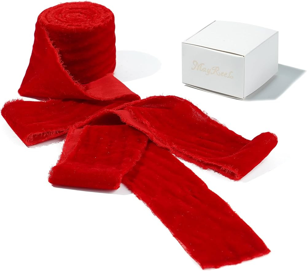 MAYREEL Red Velvet Ribbon 2 Inch x 3 Yards Frayed Silk Velvet Ribbon Hand Torn Red Christmas Velv... | Amazon (US)