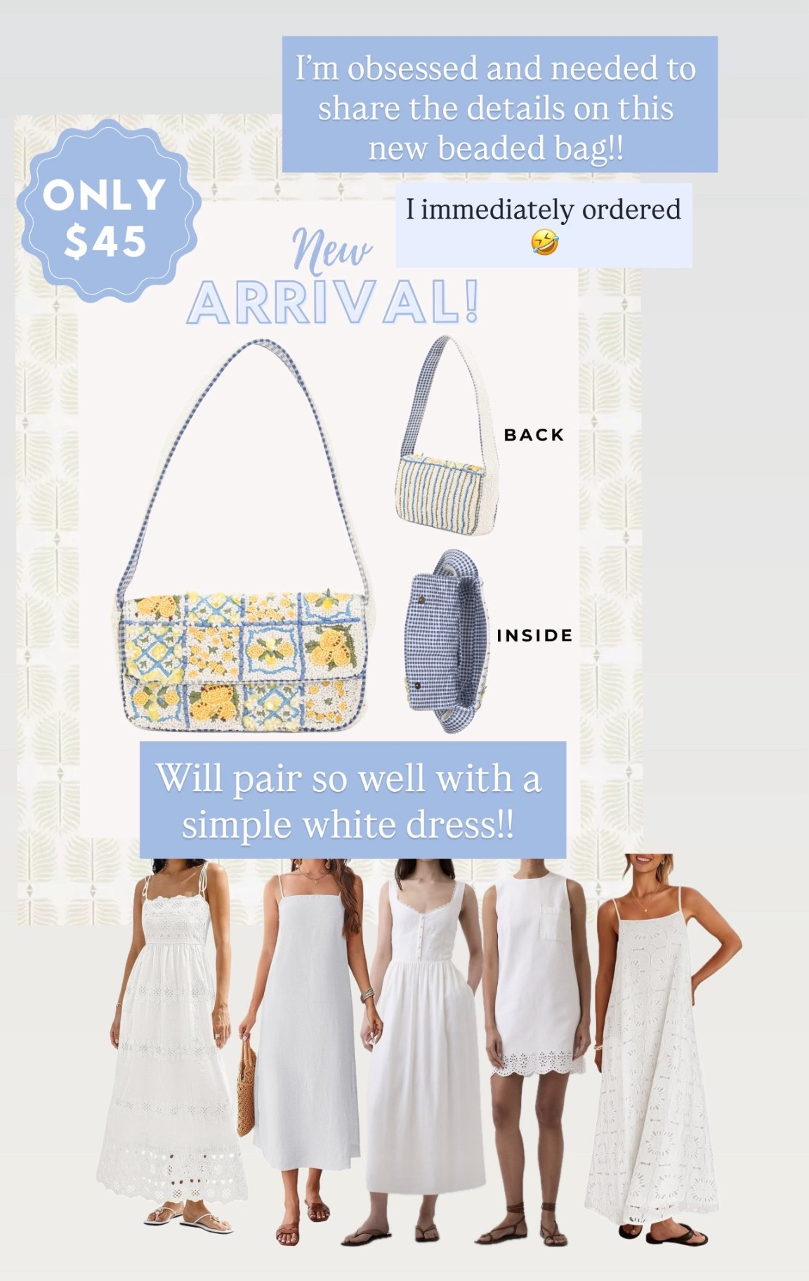 Had to show a close up of the details on this gorgeous blue and white beaded bag!! 😍 love the striped back and blue & white gingham liner inside!! 🙌🏻 only $45?! I immediately ordered!! Would pair so well with a simple white summer dress too!! 🤍

#LTKPlusSize #LTKTravel