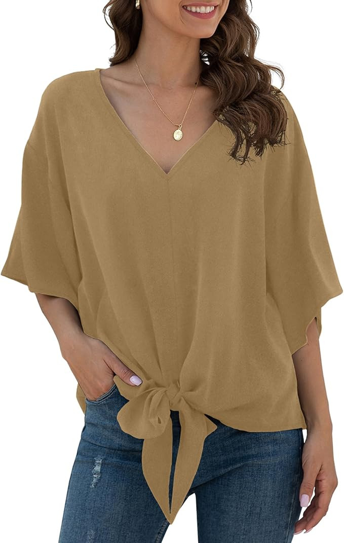VIISHOW Womens Tie Front Chiffon Blouses V Neck Batwing Short Sleeve Summer Tops Shirts | Amazon (US)