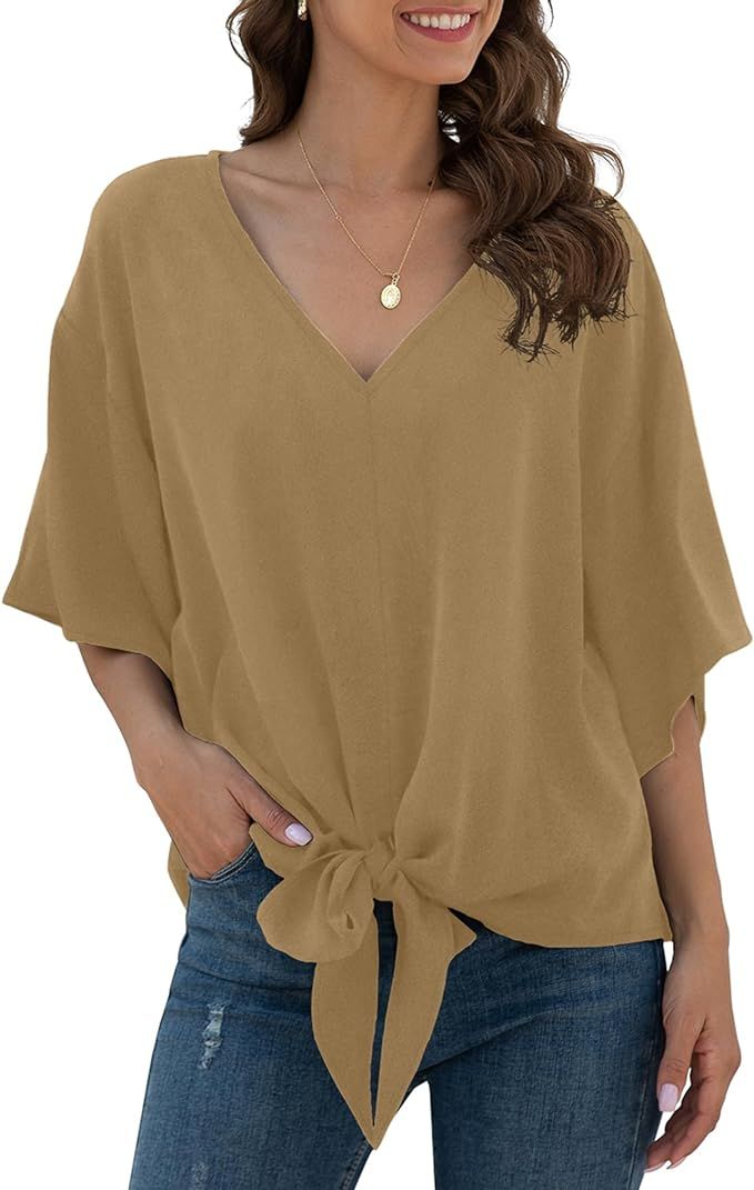 VIISHOW Womens Tie Front Chiffon Blouses V Neck Batwing Short Sleeve Summer Tops Shirts | Amazon (US)