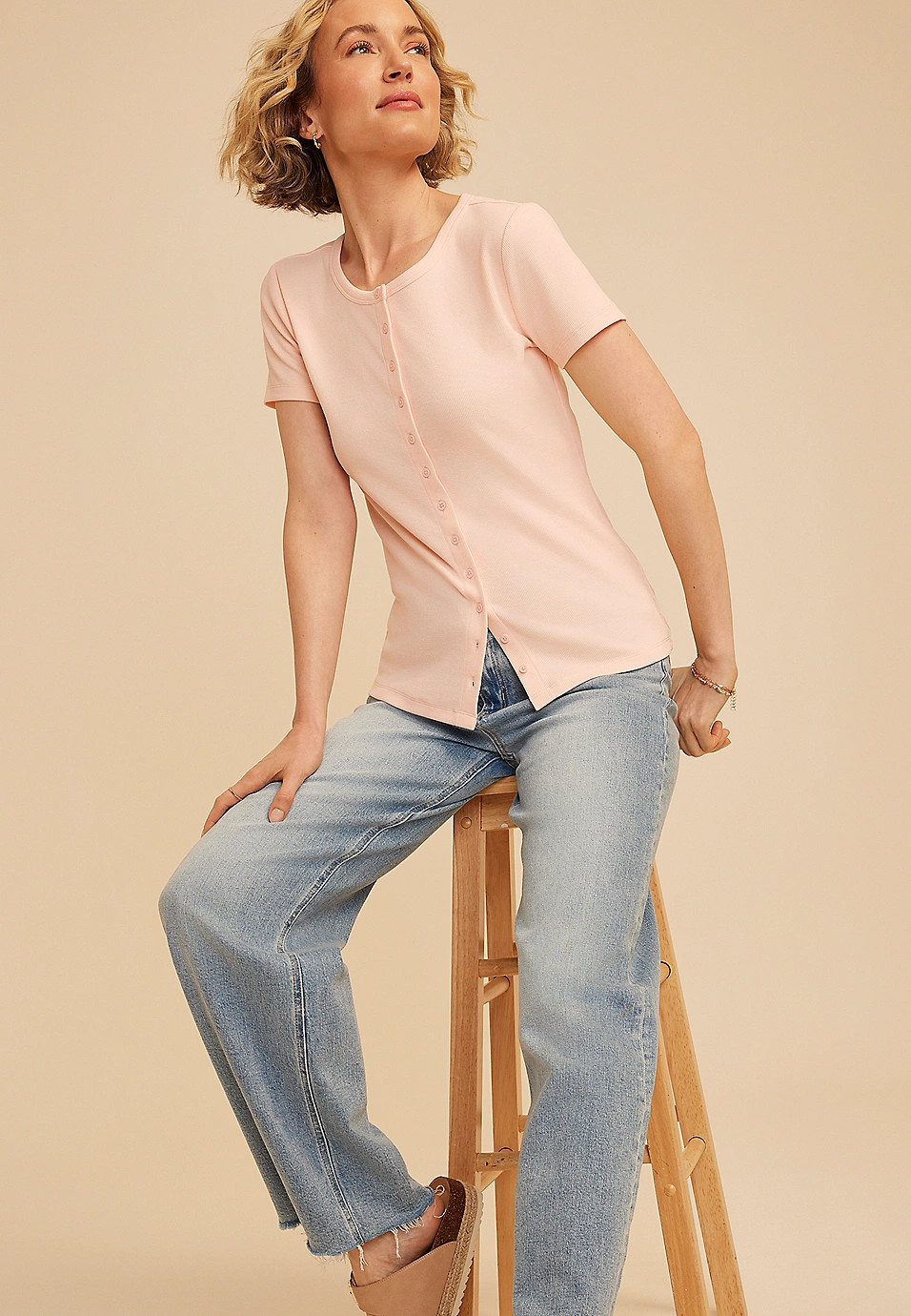 Ribbed Button Front Short Sleeve Tee | Maurices