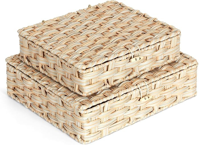 Plastic Wicker Storage Baskets with Lids, 2-Pack Woven Rattan Organizer Bins with Locking Button,... | Amazon (US)