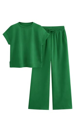 PRETTYGARDEN Women Two Piece Lounge Set 2026 Short Sleeve Tops And Drawstring Long Pants Tracksuits Casual Outfits (Green, XX-Large) | Amazon (US)
