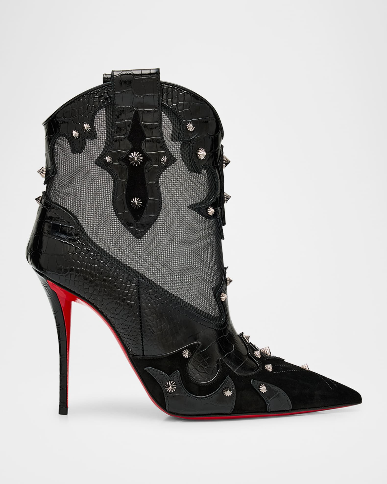 Bootytiag Croc-Embossed Leather and Mesh Red Sole Western Booties | Neiman Marcus
