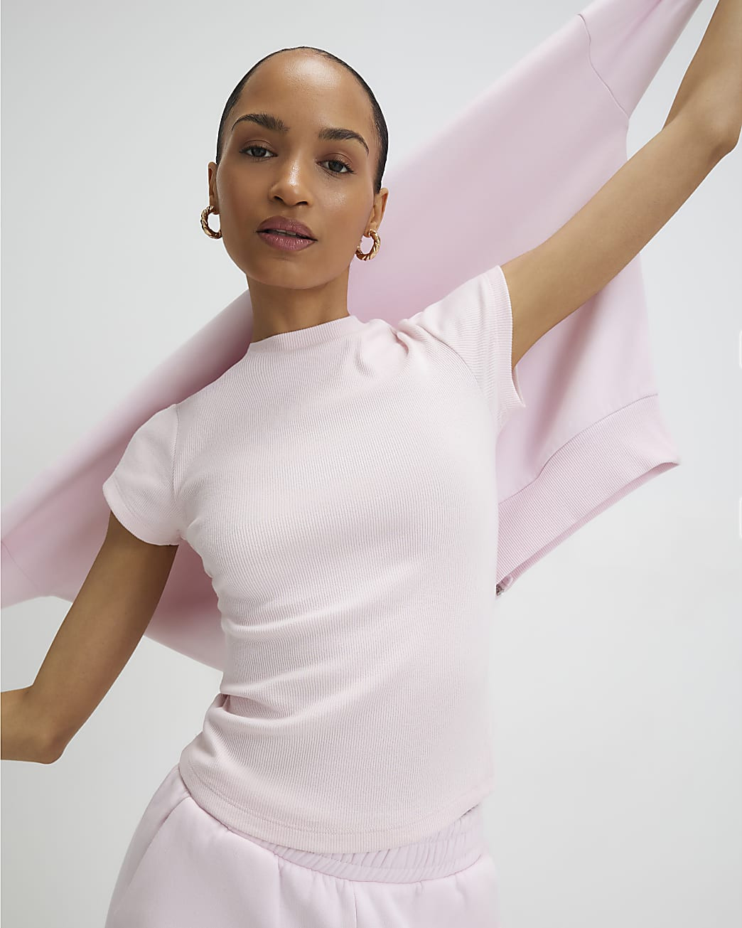 Pink Cotton Blend Fitted Ribbed Top | River Island UK & IE