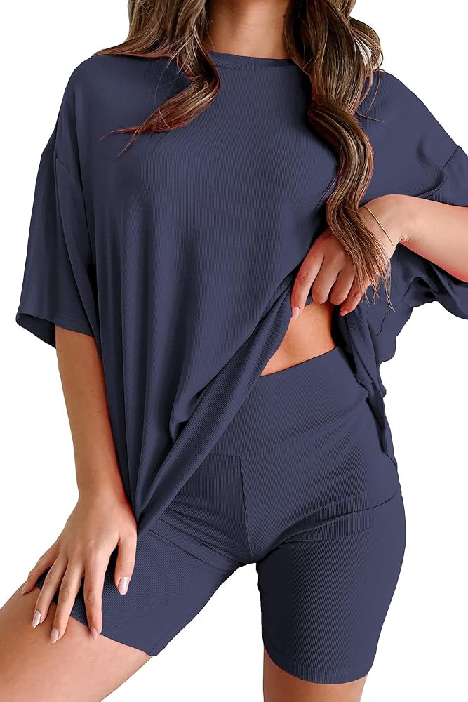 Womens 2 Piece Lounge Set 2025 Summer Travel Outfit Casual Short Sleeve Oversized Tshirts & Biker... | Amazon (US)
