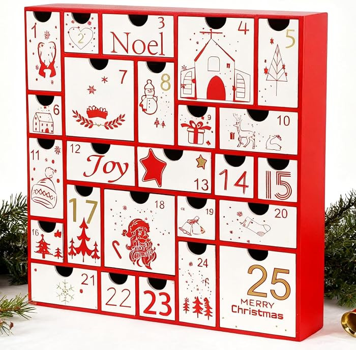 Juegoal Advent Calendar, 11.8'' Red Wooden Advent Calendars with 25 Storage Drawers Countdown to ... | Amazon (US)
