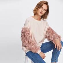 Contrast Faux Fur Sleeve Ribbed Knit Sweatshirt | SHEIN