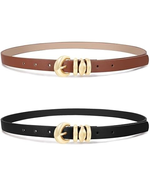JASGOOD Womens Thin Leather Belt Skinny Faux Leather Belt for Jeans Dress with Gold Alloy Buckle | Amazon (US)
