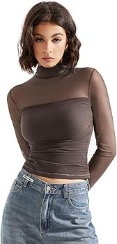 SUUKSESS Women Double Line Mesh Sheer Crop Tank Tops Mock Neck Long Sleeve Shirts | Amazon (US)