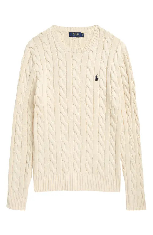 Polo Ralph Lauren Cable Knit Cotton Crewneck Sweater in Cream at Nordstrom, Size Small | Nordstrom