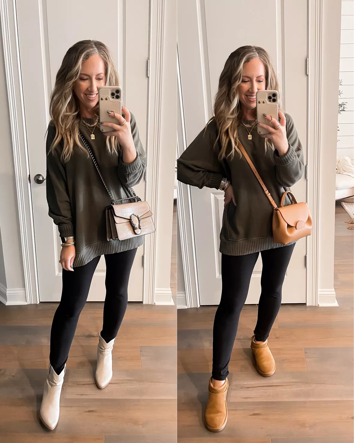 grey twist shirt, olive utility vest, black leggings, taupe sneakers, long  pendant necklace, brown tote outfit 2 - Putting Me Together