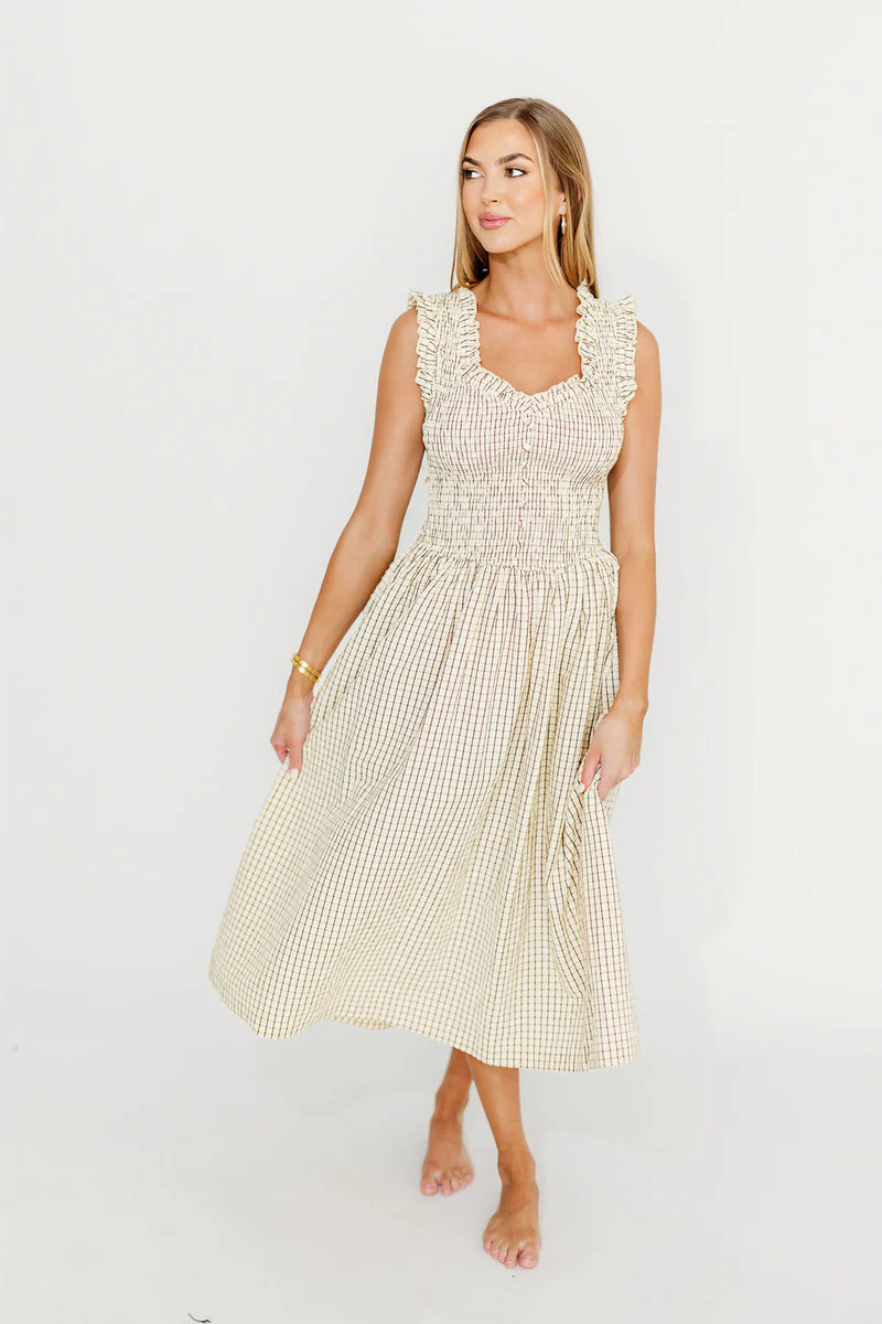 Ramona Plaid Smocked Midi Dress in Cream | Worth Collective