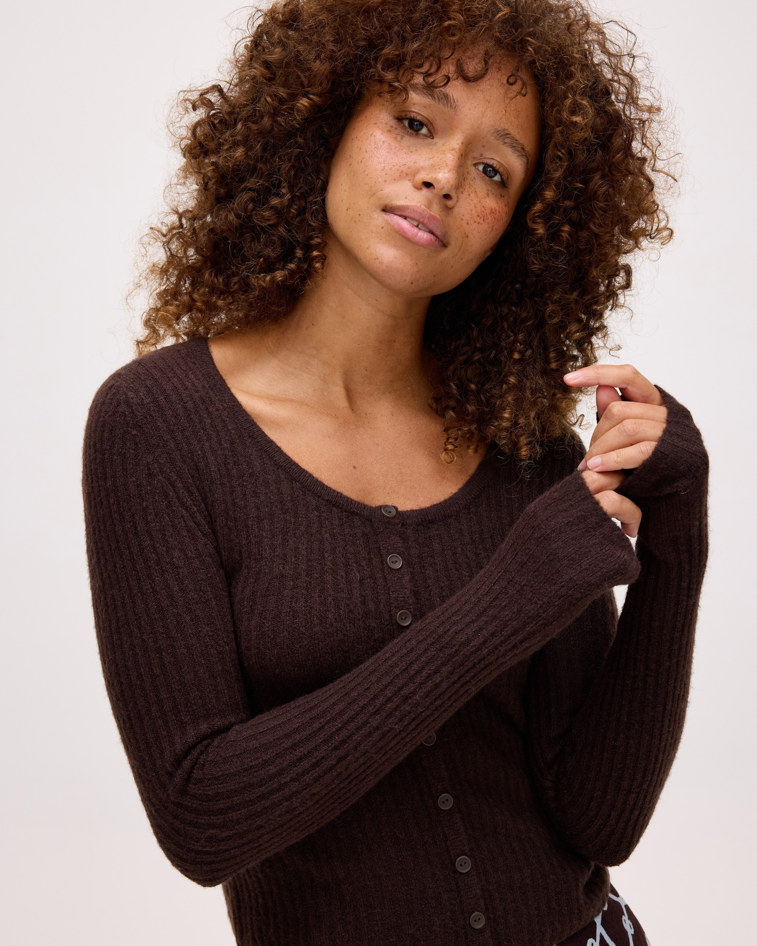 Chocolate Brown Button Up Ribbed Knitted Top, size 10 | Oliver Bonas (Global)