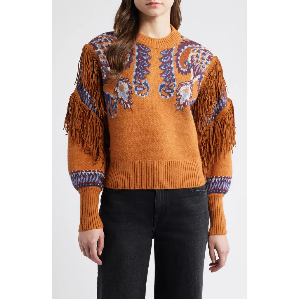 FARM Rio Arabesque Scarf Fringe Knit Sweater in Brown at Nordstrom, Size X-Small | Nordstrom