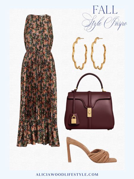Dark florals are a big Fall trend and add a feminine feel to any outfit 

Floral multicolored Wild Primrose Pleated Midi-Dress
Burgundy Celine Small 16 Bag In Satiny Calfskin
Light brown tan Lena 95MM Suede Strappy Mules
Gold scallop hoop earrings 

#LTKitbag #LTKSeasonal #LTKstyletip