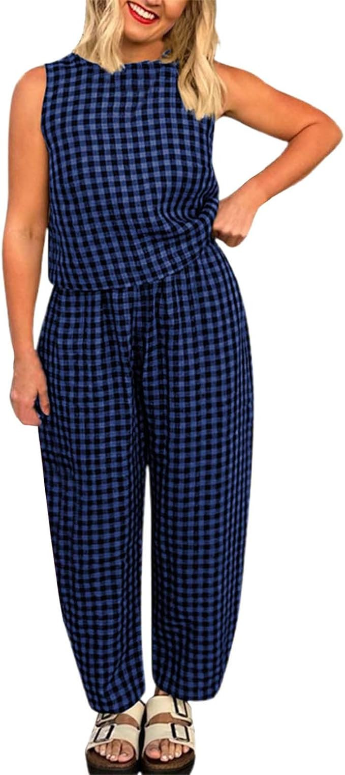 Womens Lounge Pants Sets Plaid 2 Pieces Y2K Sleeveless Gingham Crop Tank Tops Outfits Wide Leg Ba... | Amazon (US)