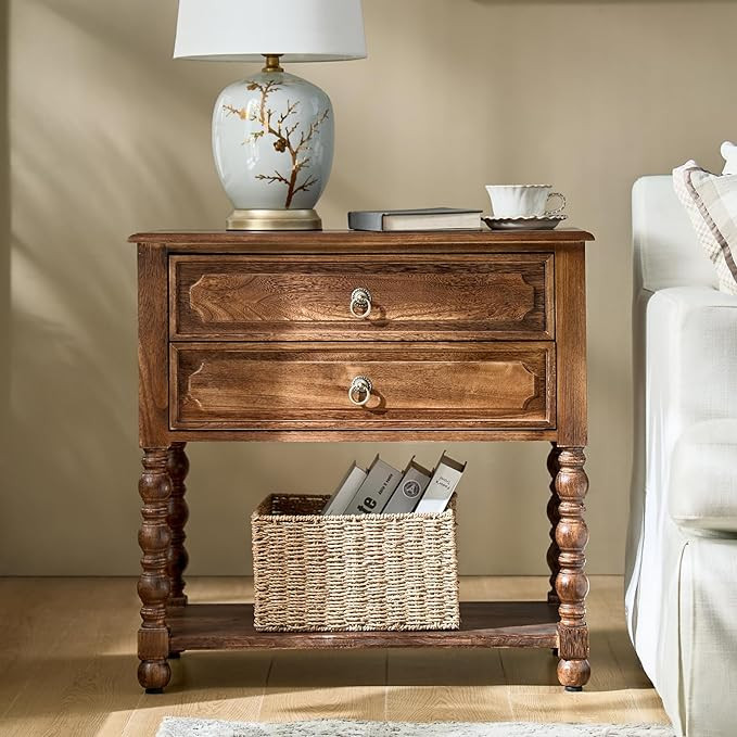 HULALA HOME Farmhouse Storage End Table with 2 Drawers and Open Shelf, Solid Wood Side Table with... | Amazon (US)