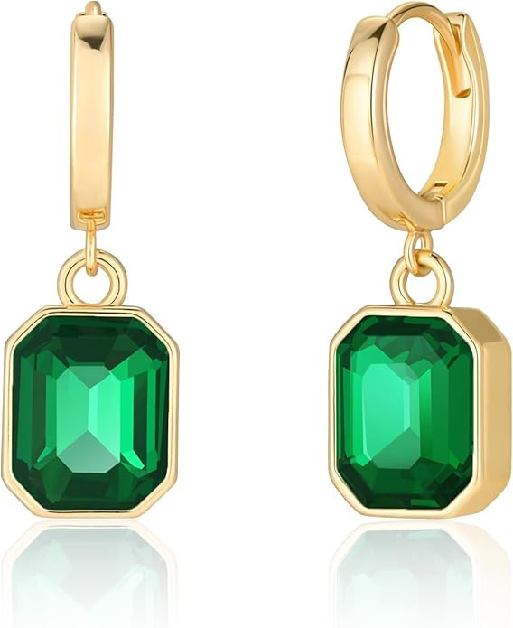Birthstone Crystal Dangle Drop Earrings, 18K Gold Plated Huggie Hoop Hypoallergenic Earring Jewel... | Amazon (US)