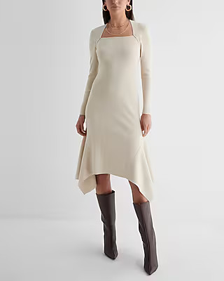 Ribbed Square Neck Asymmetrical Hem Midi Sweater Dress | Express