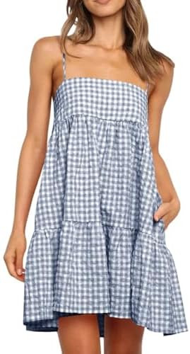 Wenrine Womens Summer Plaid Mini Dress Casual Spaghetti Strap Sleeveless A Line Beach Sundress wi... | Amazon (US)
