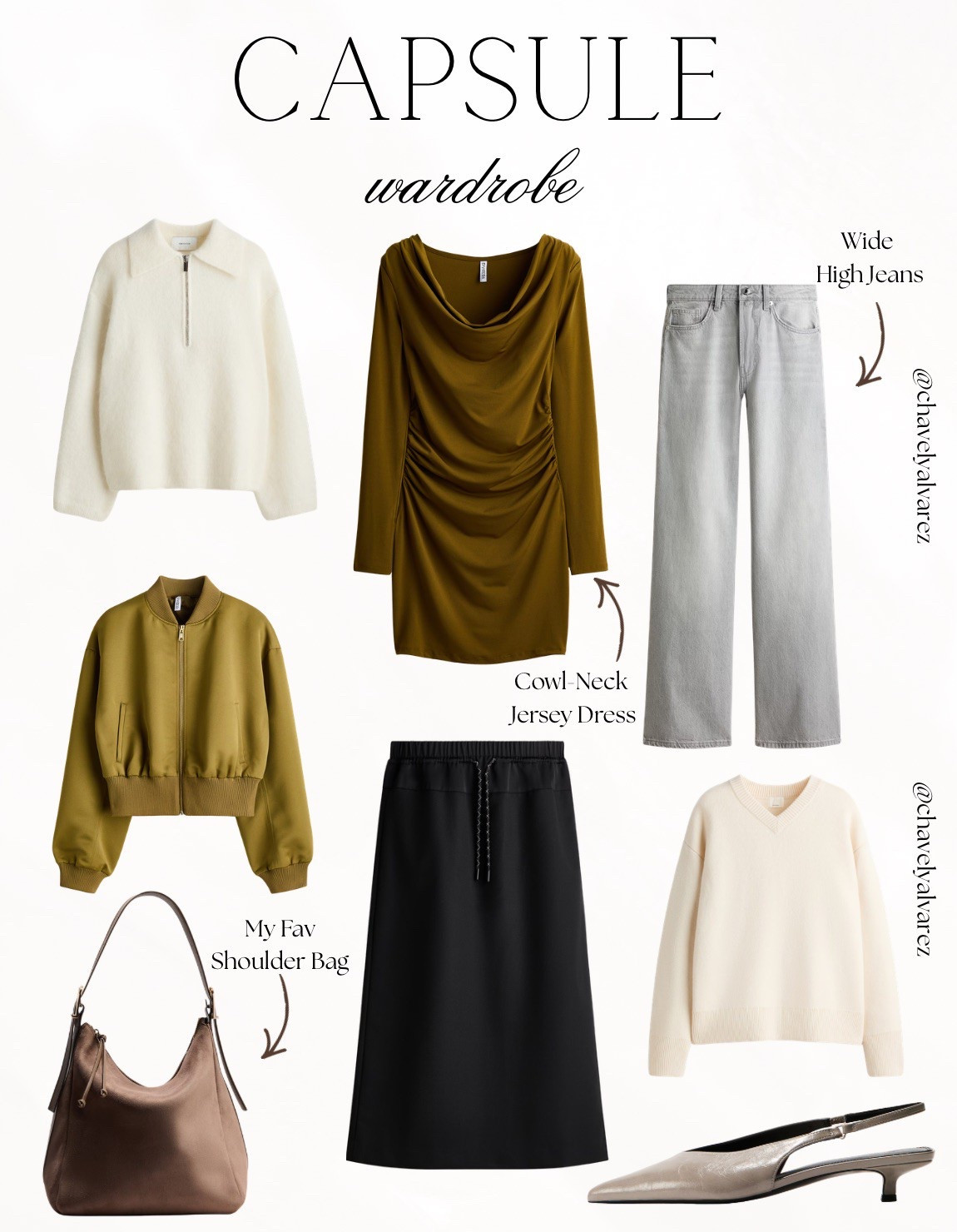 CAPSULE WARDROBE: Earthy Tones, Sleek Knits, & Elevated Denim! ☕️

Master the art of effortless dressing with these timeless H&M essentials!
We are obsessed with the versatility of this collection: from the olive green cowl-neck jersey dress that hugs in all the right places to the cozy cream half-zip sweater. 

Balance the rich, earthy hues with a pair of classic wide high jeans in a fresh light grey wash. Finish the look with polished, modern accessories: a structured olive green bomber jacket for a cool-girl edge, a spacious chocolate brown shoulder bag, and sleek metallic slingback kitten heels for a touch of everyday glam!

#CapsuleWardrobe
#HMFinds
#HMStyle
#EverydayAesthetic
#MinimalistFashion
#EarthyTones
#WideLegJeans
#KnitwearSeason
#ShoulderBag
#CowlNeck
#Slingbacks
#LTKStyle
#WorkWearStyle
#ChicStyle
#StylingInspo

#LTKFindsUnder50 #LTKootd #LTKFindsUnder100