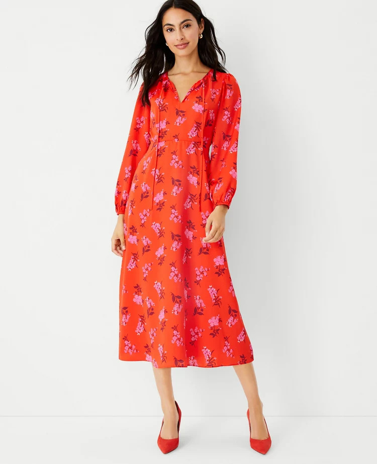 Floral Tie Neck Midi Dress | Ann Taylor (US)