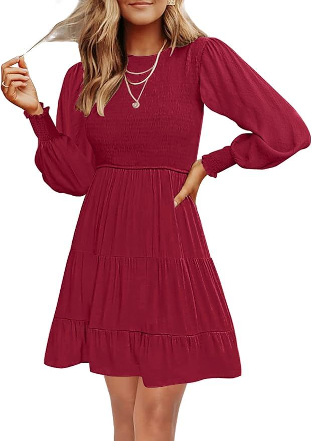 MEROKEETY Women's 2023 Casual Long Sleeve Smocked Crew Neck Elastic Waist Flowy Tiered Mini Dress | Amazon (US)
