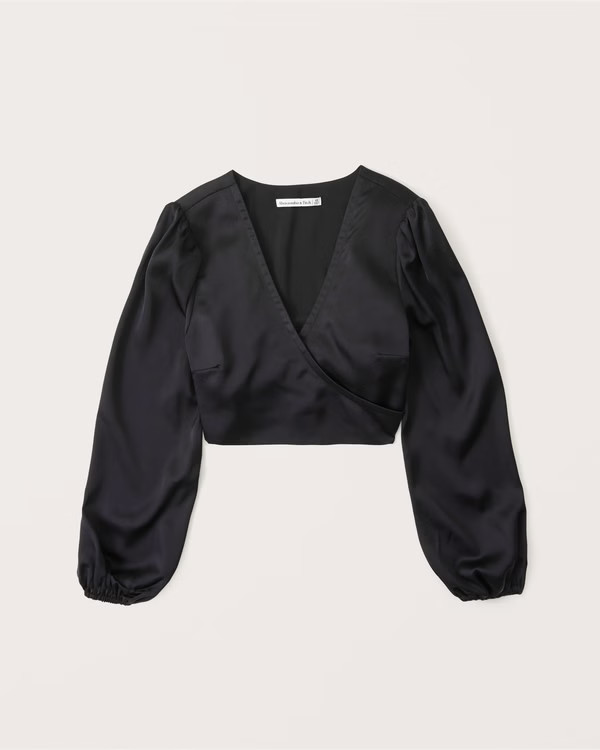 Long-Sleeve Satin Wrap Top | Abercrombie & Fitch (US)