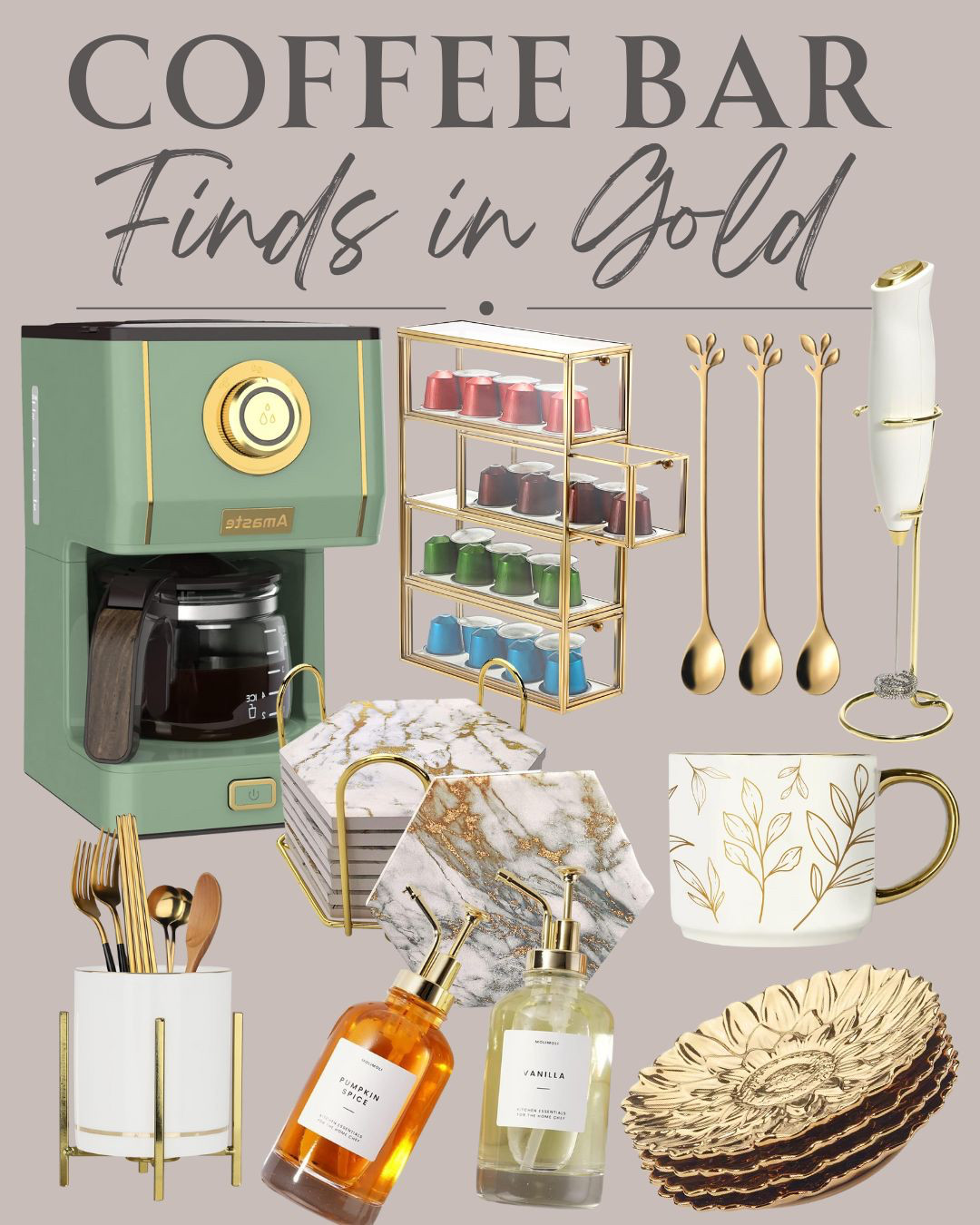  Cool coffee bar finds in gold for anyone looking to refresh coffee and tea bar. #coffeebar #coffee #amazonfinds

 

#LTKHome #LTKSaleAlert #LTKSeasonal