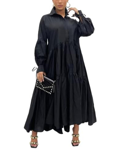 Women's Long Sleeve Maxi Shirt Dress Elegant Button Down Loose Swing Party Dress Black L | Amazon (US)