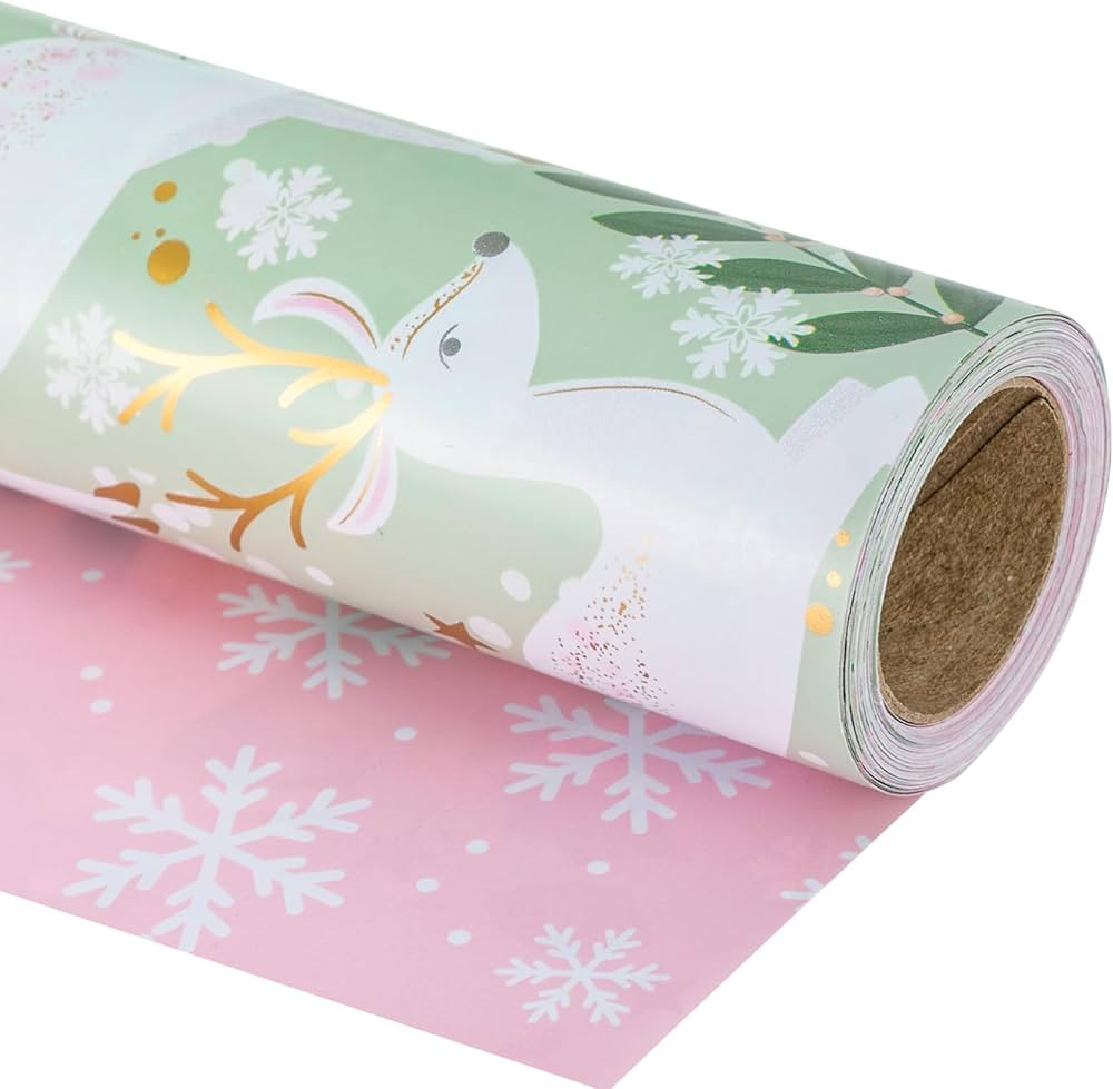RUSPEPA Reversible Wrapping Paper Roll - Mini Roll - Christmas White Reindeer and Snowflake Patte... | Amazon (US)