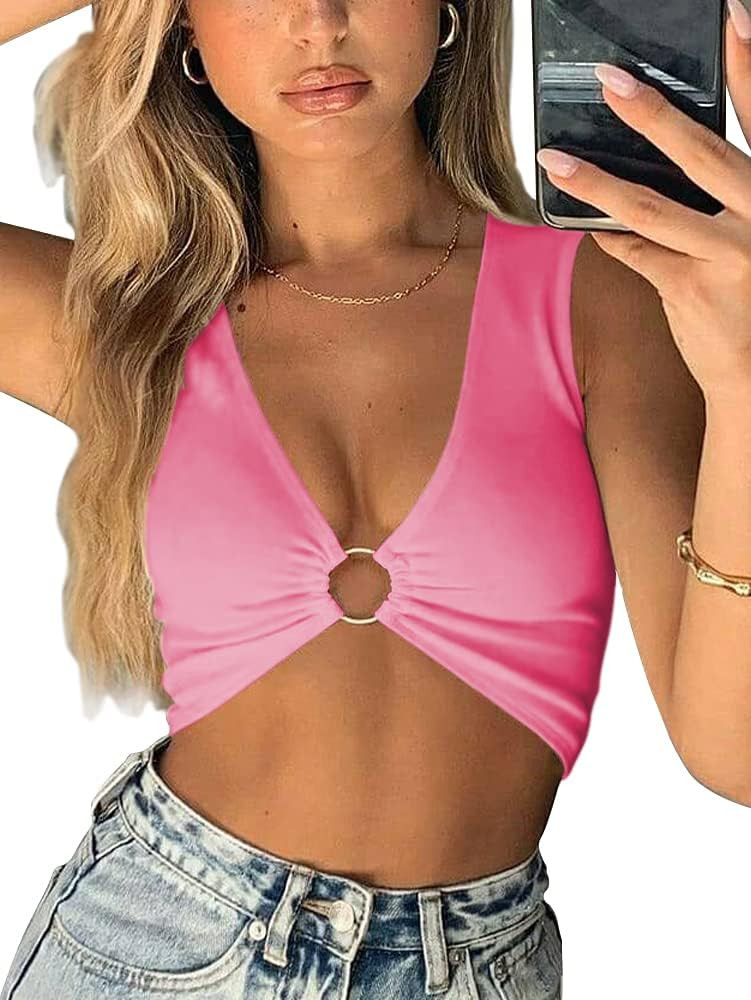 AEVZIV Sexy Crop Tops for Women Sleeveless Deep V Neck Workout Tops Plunge Ring Cleavage Cropped ... | Amazon (US)