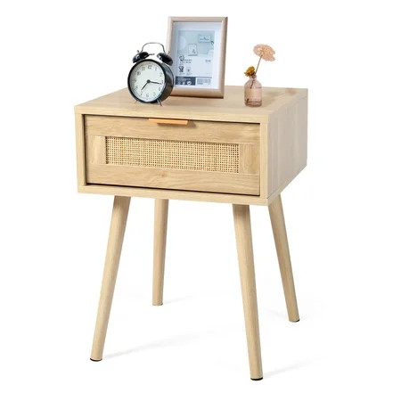 LAZZO Nightstand with Drawer Mid Century Modern Bedside Table Rattan Drawer End Table with Storage W | Walmart (US)