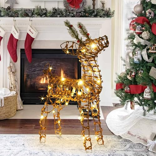LightsUp Reindeer Christmas Decor, 24" H Rattan Christmas Lighted Reindeer 40 Warm White LEDs, Battery Powered 3D Prelit Christmas Deer Outdoor Decorations with Timer for Xmas Holiday Display | Amazon (US)